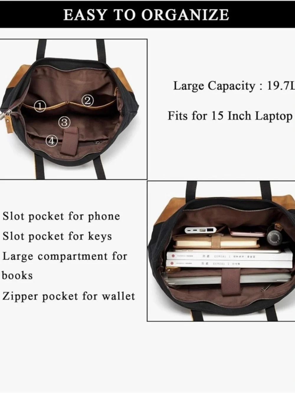 Vaschy distressed cowhide and waterproof Canvas Tote/computer Bag